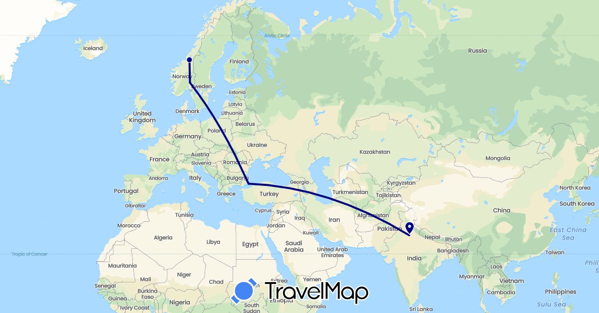 TravelMap itinerary: driving in India, Norway, Turkey (Asia, Europe)